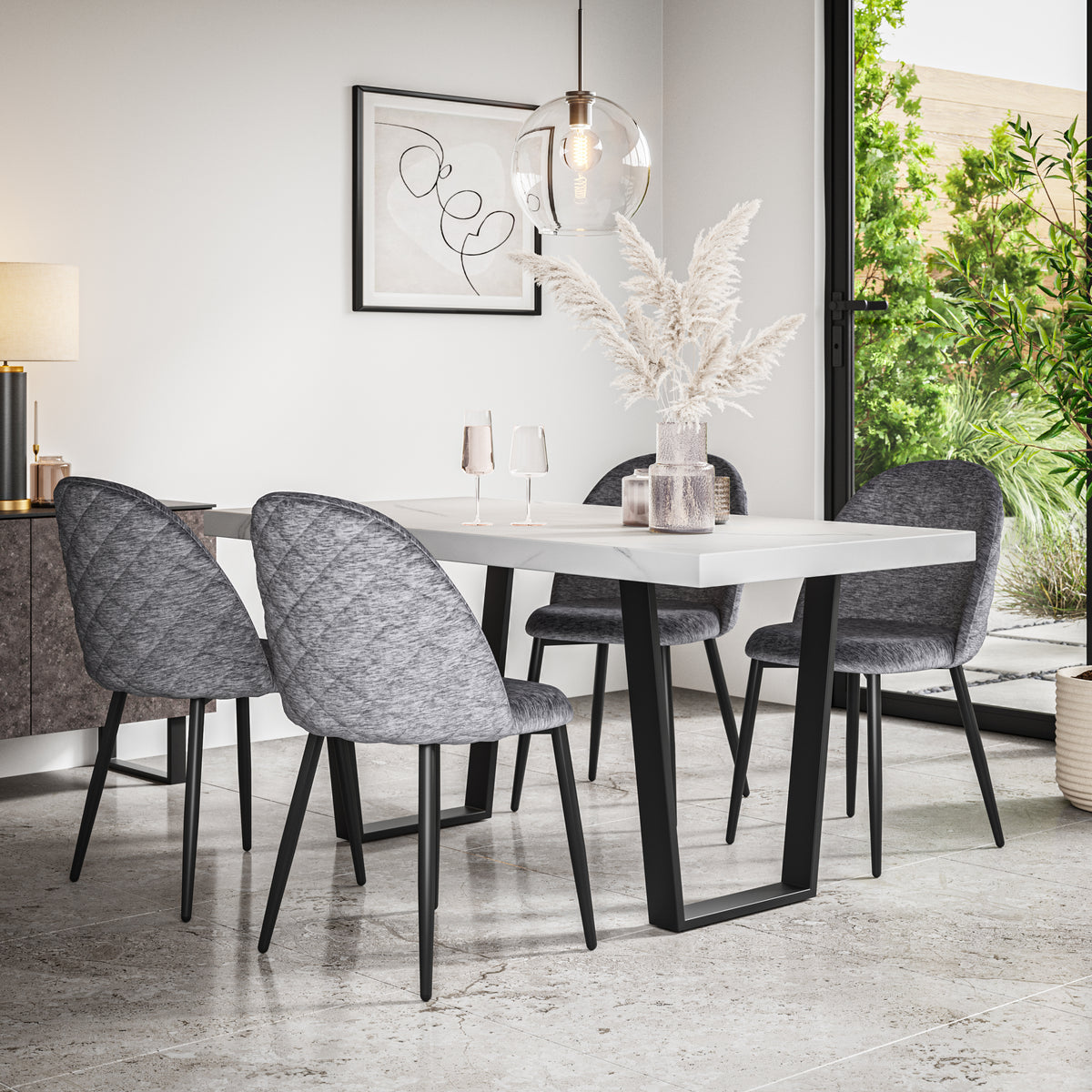 Aria White Marble Top Rectangle Dining Table & Raye Velvet Chair