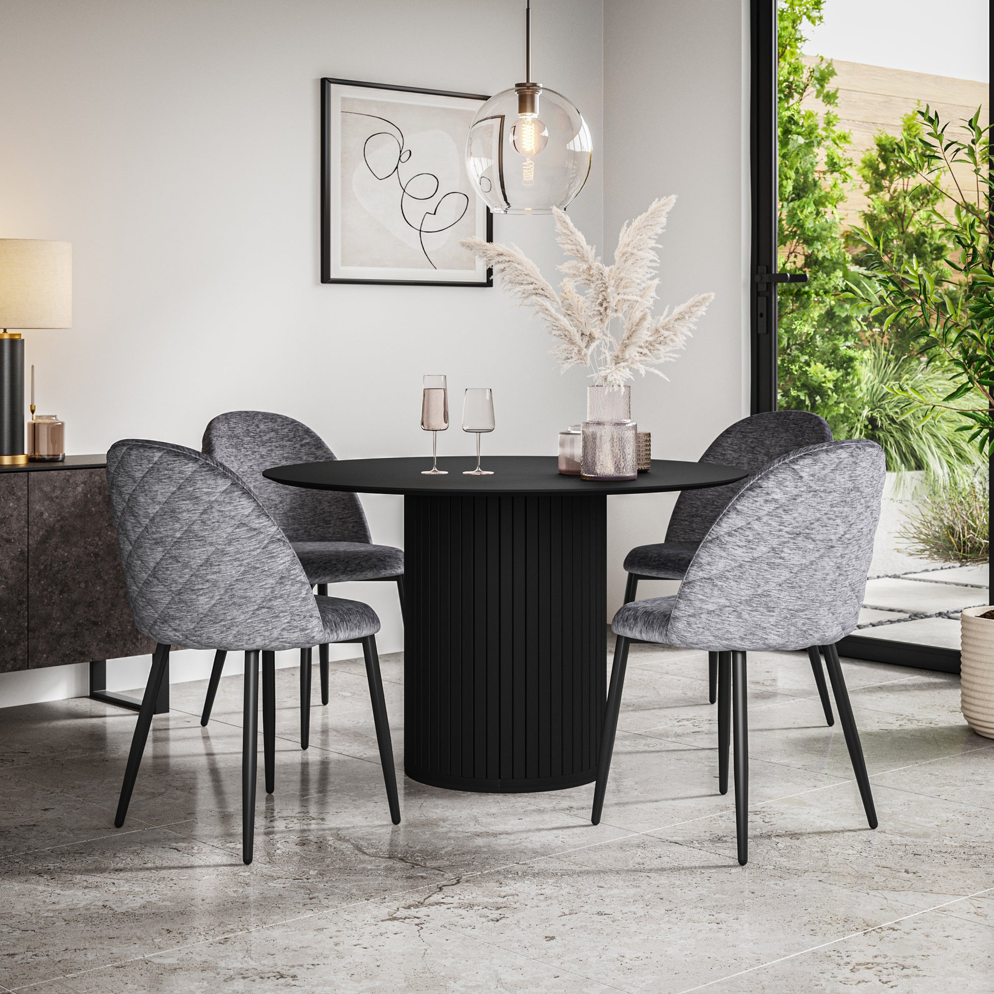 Arlo Black Table Top W Black Legs + Raye Velvet Dining Chair Set