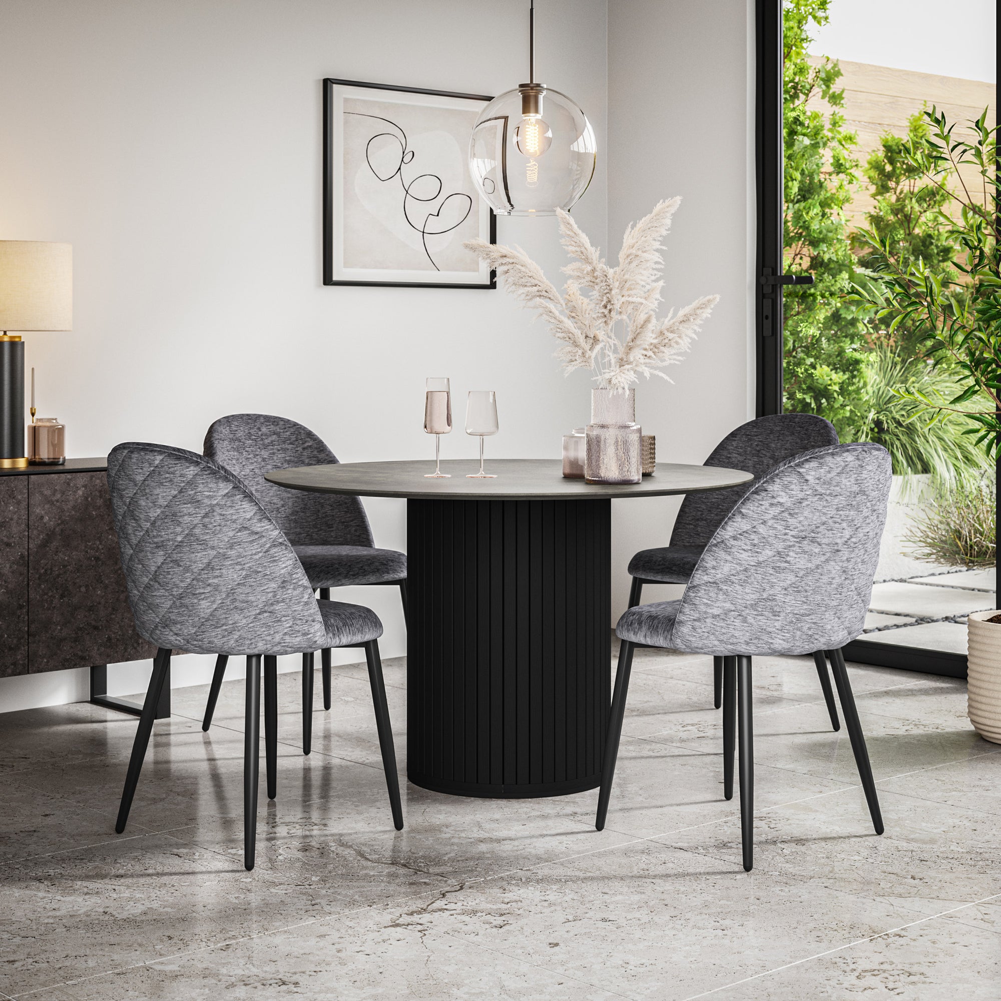 Arlo Concrete Tabletop W Black Legs + Raye Velvet Dining Chair Set