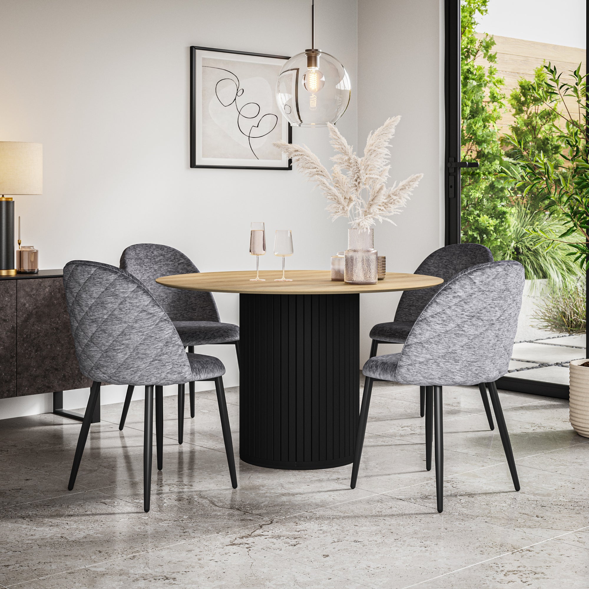 Arlo Oak Tabletop W Black Legs + Raye Velvet Dining Chair Set