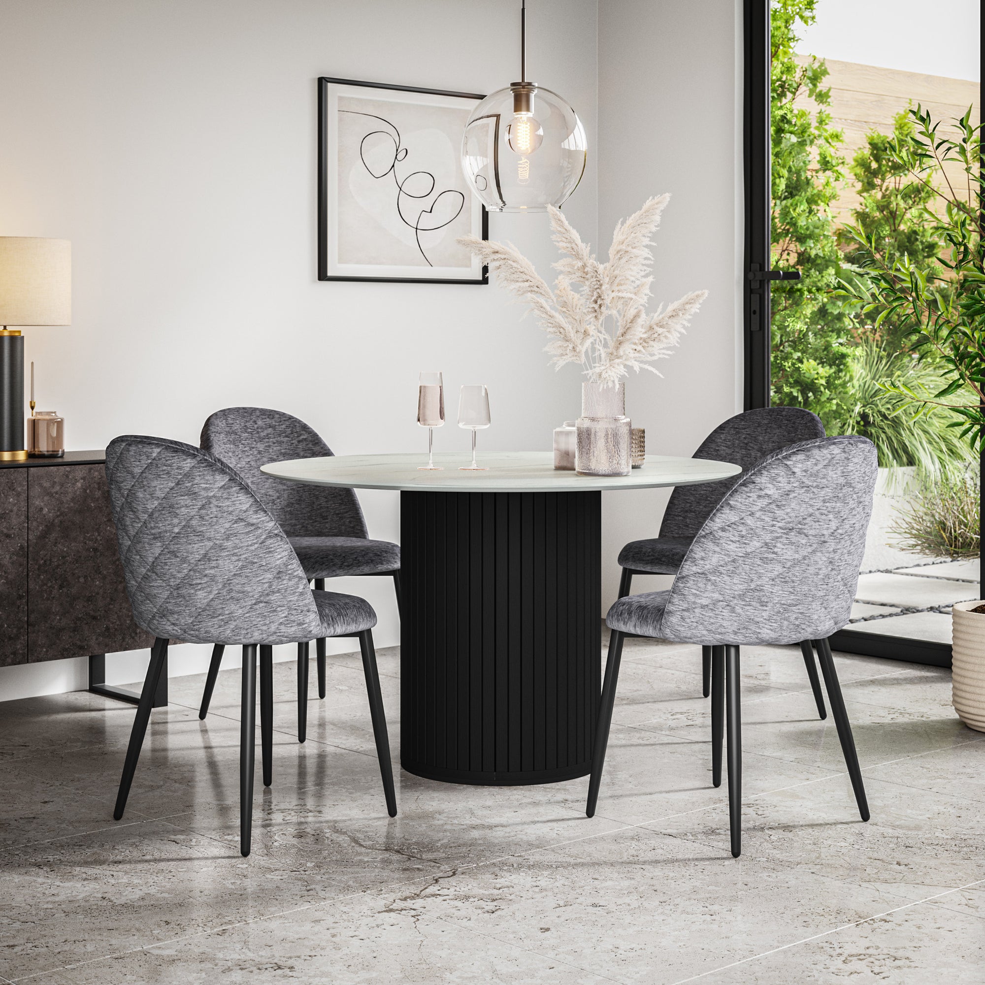 Arlo White Marble Tabletop W Black Legs + Raye Velvet Dining Chair Set