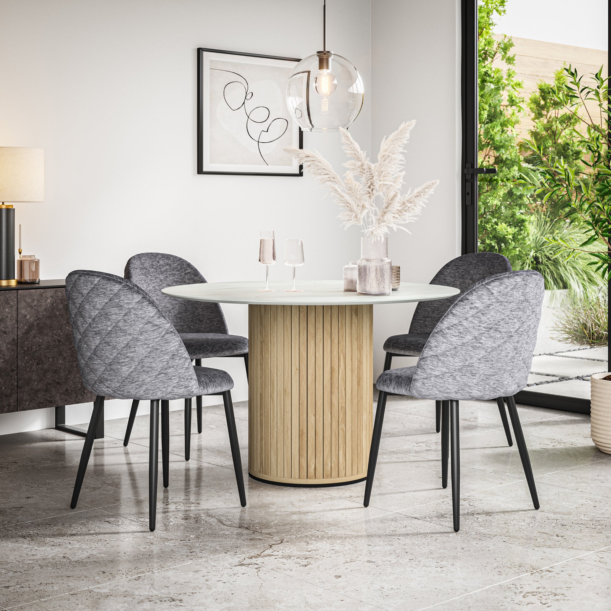 Arlo White Marble Table Top W Oak Legs + Raye Velvet Dining Chair Set