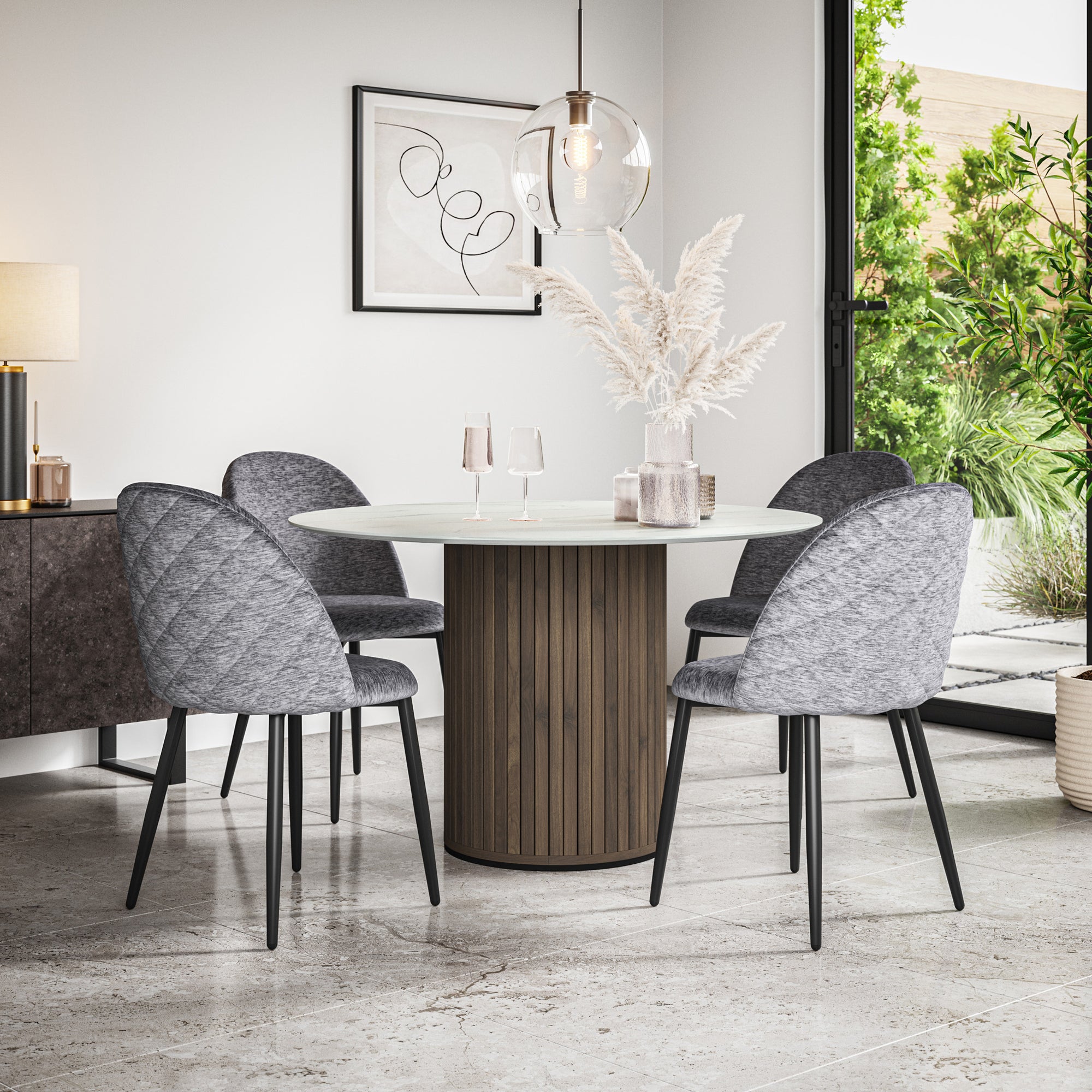 Arlo White Marble Table Top W Walnut Legs + Raye Velvet Dining Chair Set