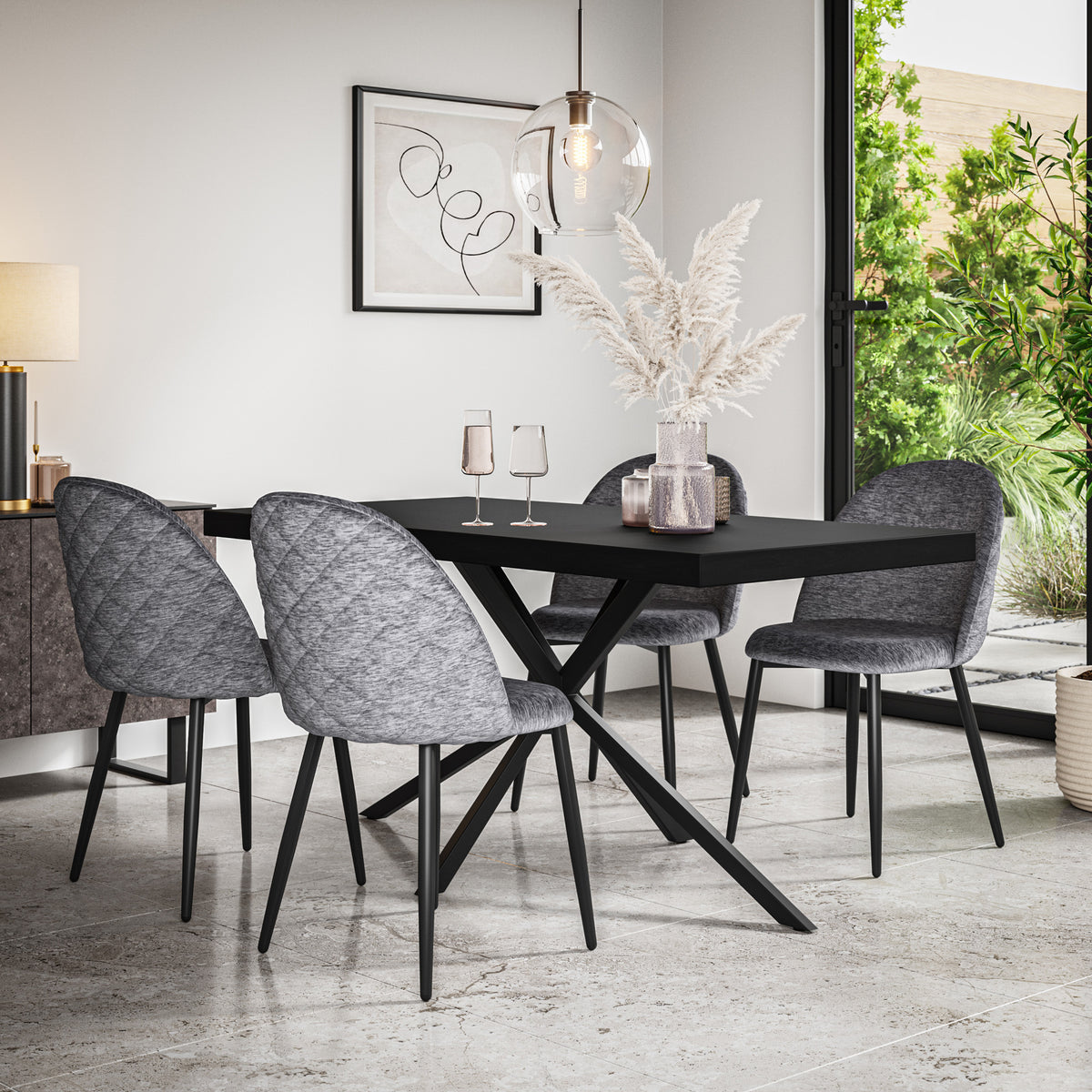 Donni Black Top Rectangle Dining Table & Raye Velvet Chair
