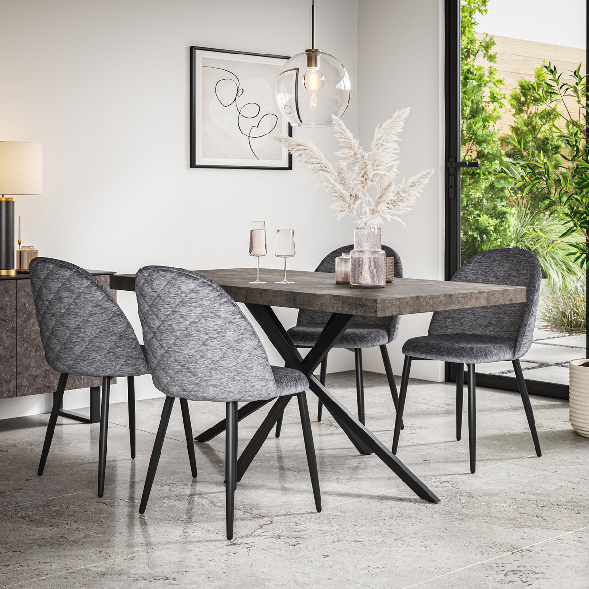 Donni Concrete Effect Top Rectangle Dining Table & Raye Velvet Chair