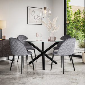 Malvern Glass Top with Black Leg Round Dining Table & Raye Velvet Chair