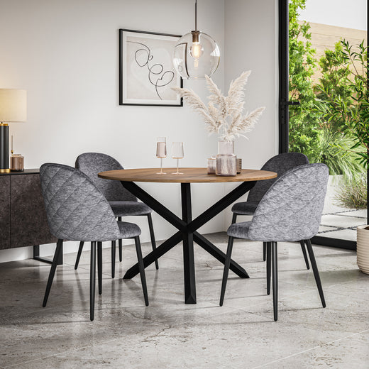 Malvern Oak Effect Top with Black Legs Round Dining Table & Raye Velvet Chair