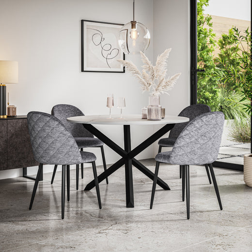 Malvern White Marble Effect Top Round Dining Table & Raye Velvet Chair