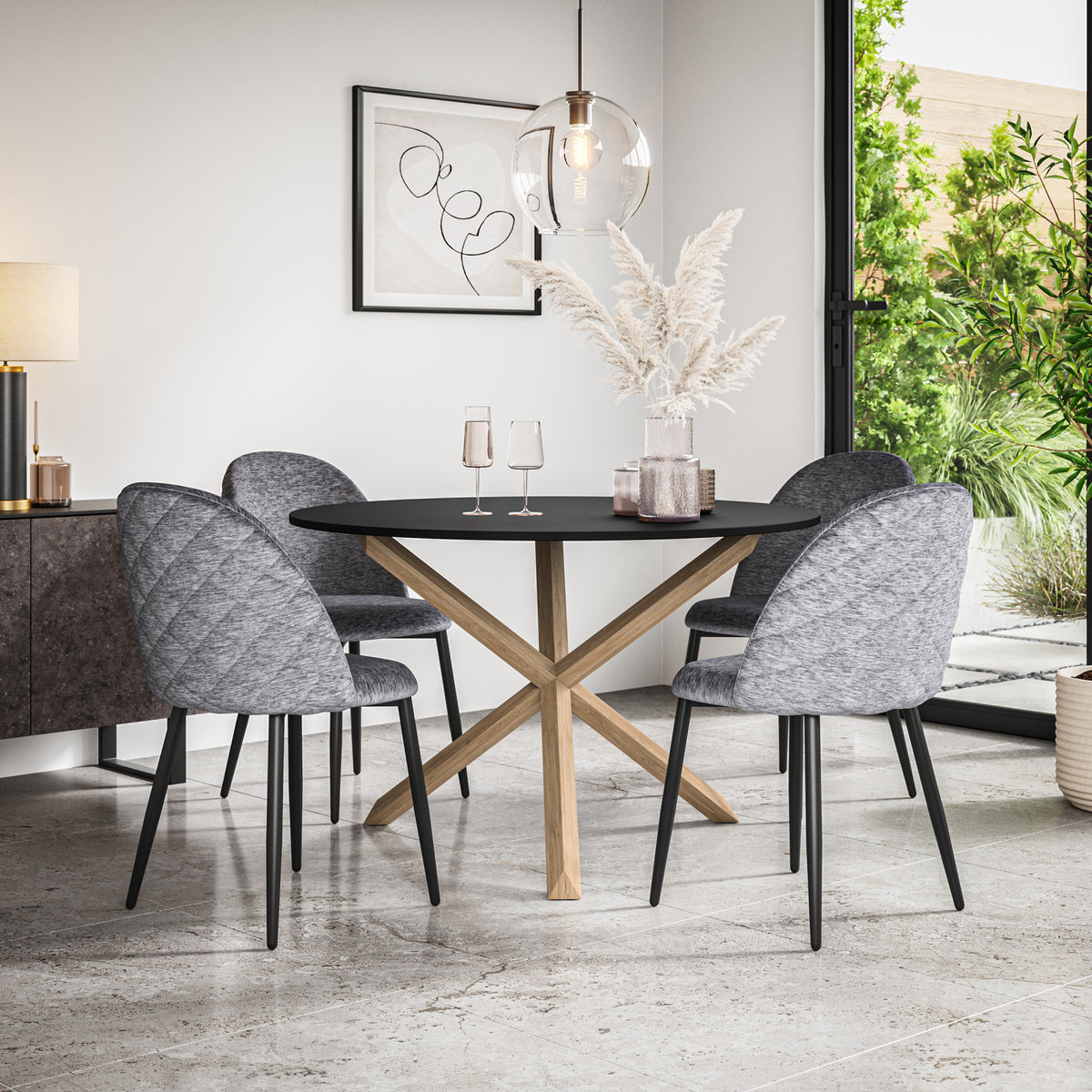 Malvern Black Top W Oak Leg Round Dining Table & Raye Velvet Chair