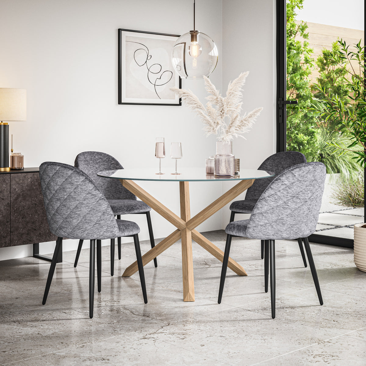 Malvern Glass Top with Oak Leg Round Dining Table & Raye Velvet Chair