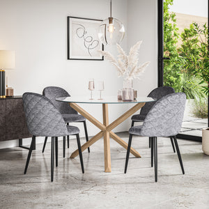 Malvern Glass Top with Oak Leg Round Dining Table & Raye Velvet Chair