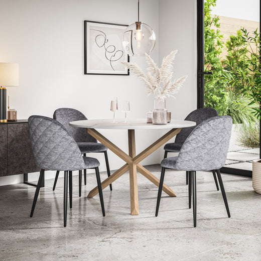 Malvern Marble Effect Top W Oak Leg Round Table & Raye Velvet Chair
