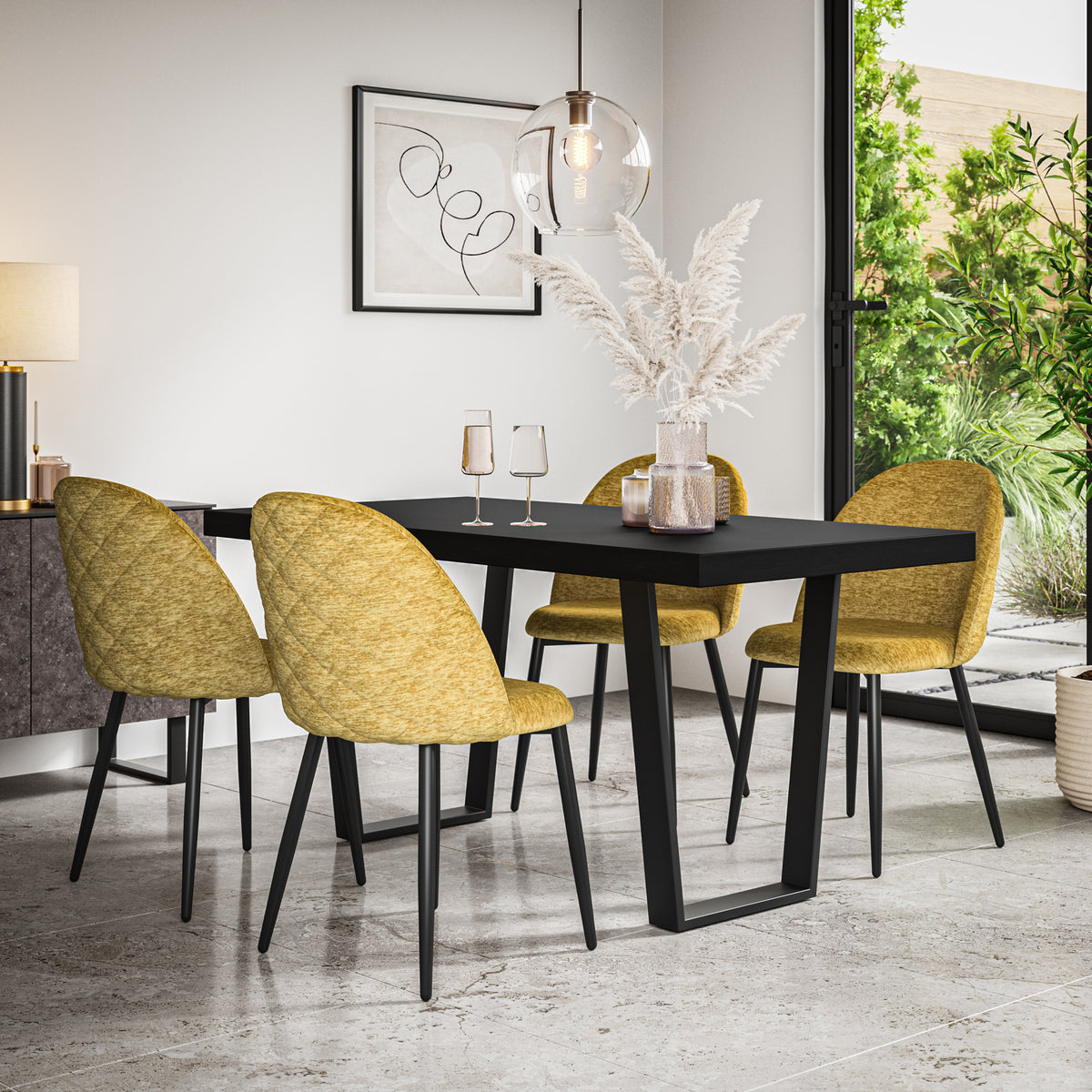 Aria Black Top Rectangle Dining Table & Raye Velvet Chair