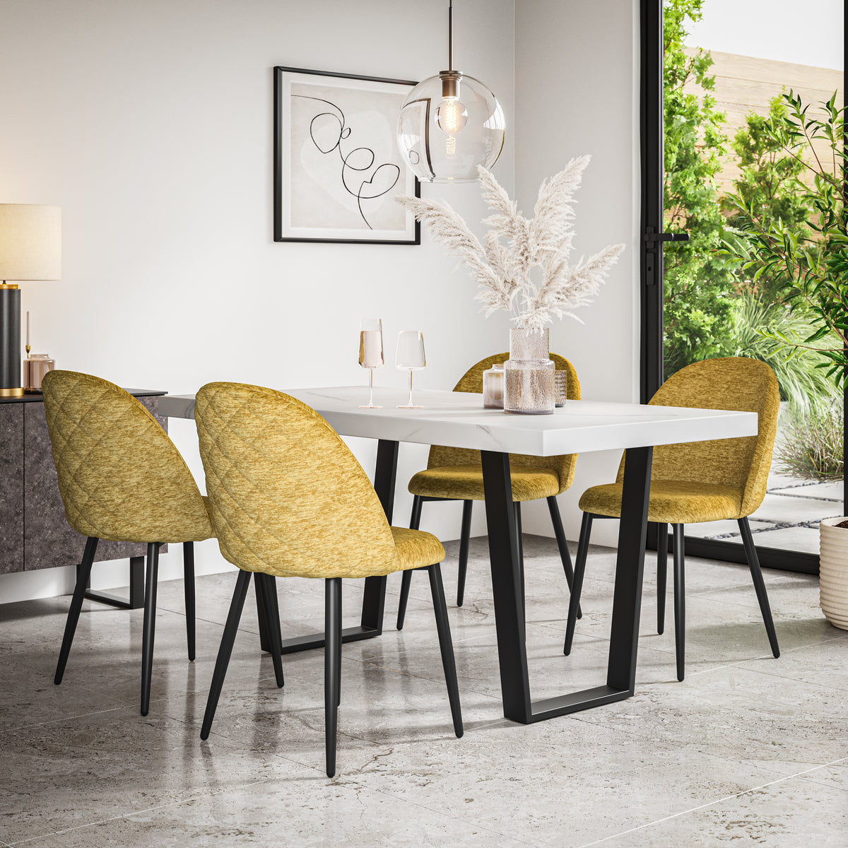 Aria White Marble Top Rectangle Dining Table & Raye Velvet Chair