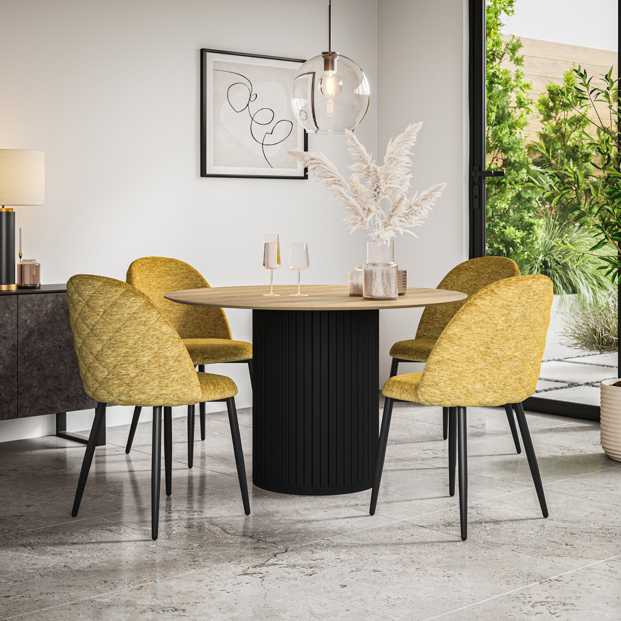 Arlo Oak Tabletop W Black Legs + Raye Velvet Dining Chair Set