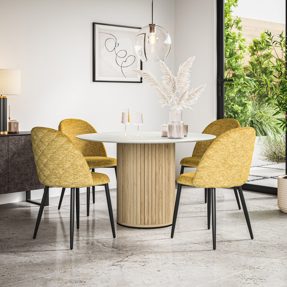 Arlo White Marble Table Top W Oak Legs + Raye Velvet Dining Chair Set