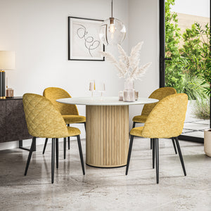 Arlo White Marble Table Top W Oak Legs + Raye Velvet Dining Chair Set