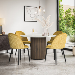 Arlo White Marble Table Top W Walnut Legs + Raye Velvet Dining Chair Set