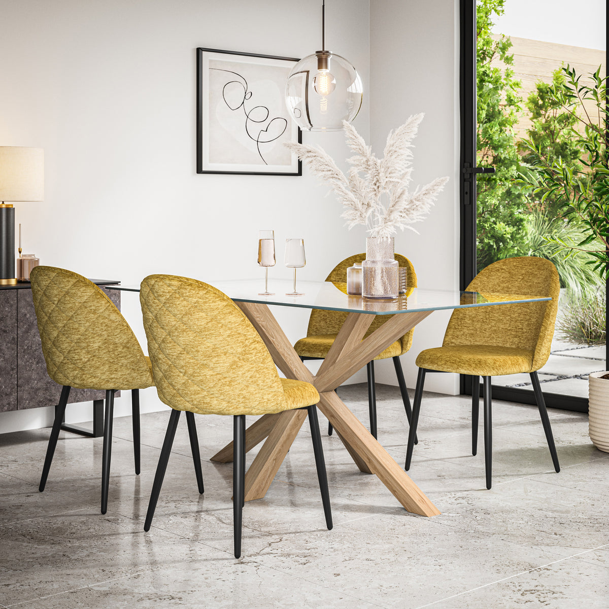 Etta Glass Top Rectangle Dining Table & Raye Velvet Chair