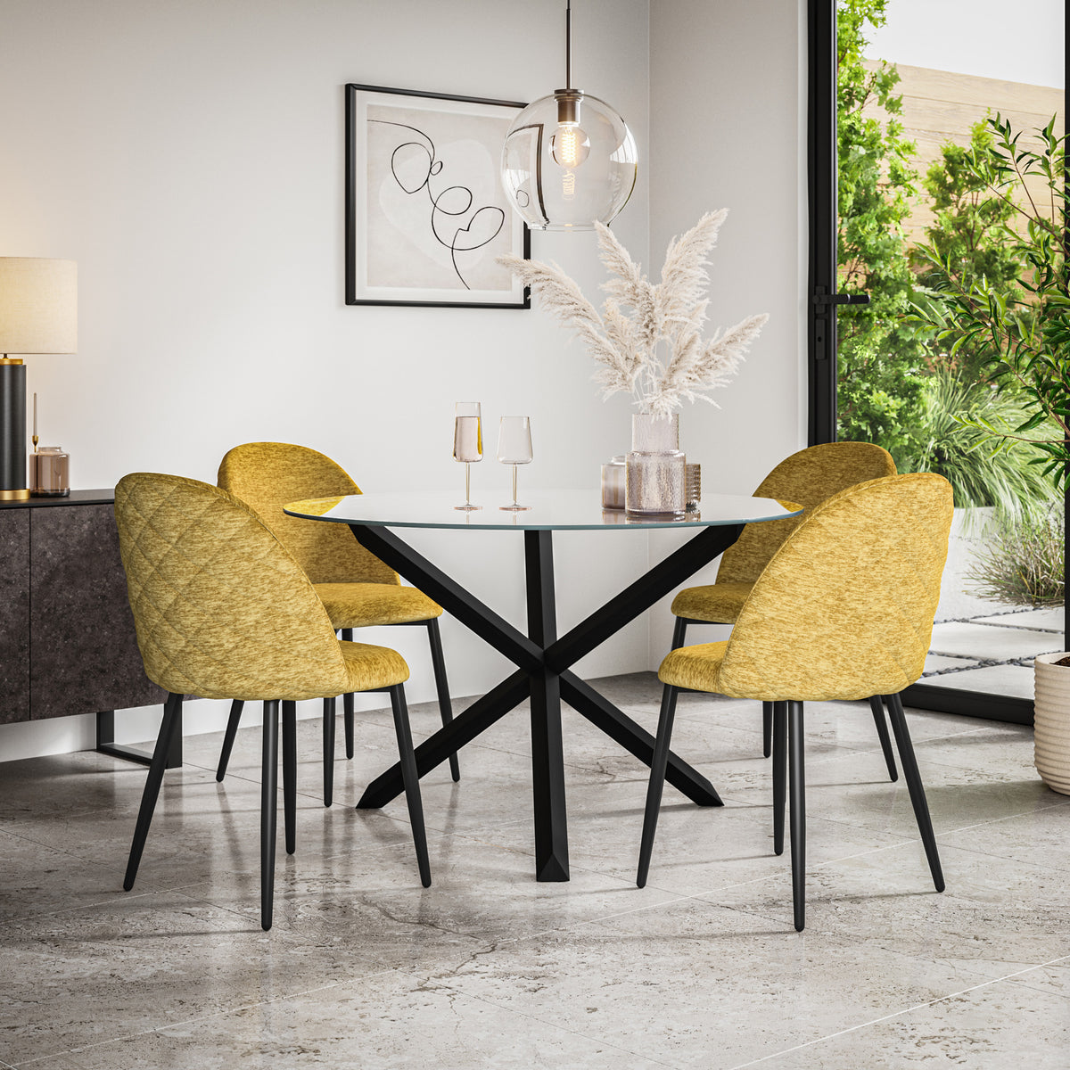 Malvern Glass Top with Black Leg Round Dining Table & Raye Velvet Chair
