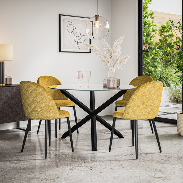 Malvern Glass Top with Black Leg Round Dining Table & Raye Velvet Chair