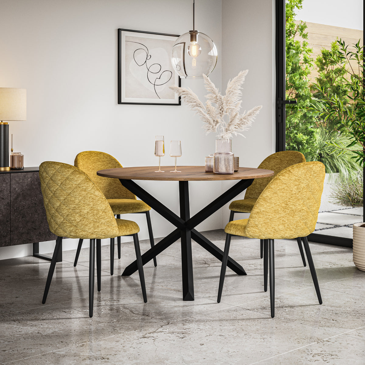 Malvern Oak Effect Top with Black Legs Round Dining Table & Raye Velvet Chair
