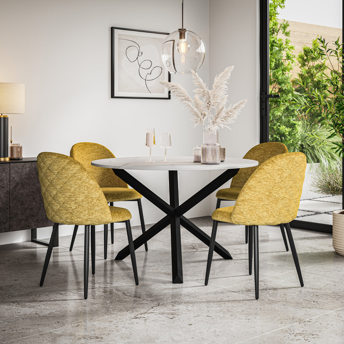 Malvern White Marble Effect Top Round Dining Table & Raye Velvet Chair