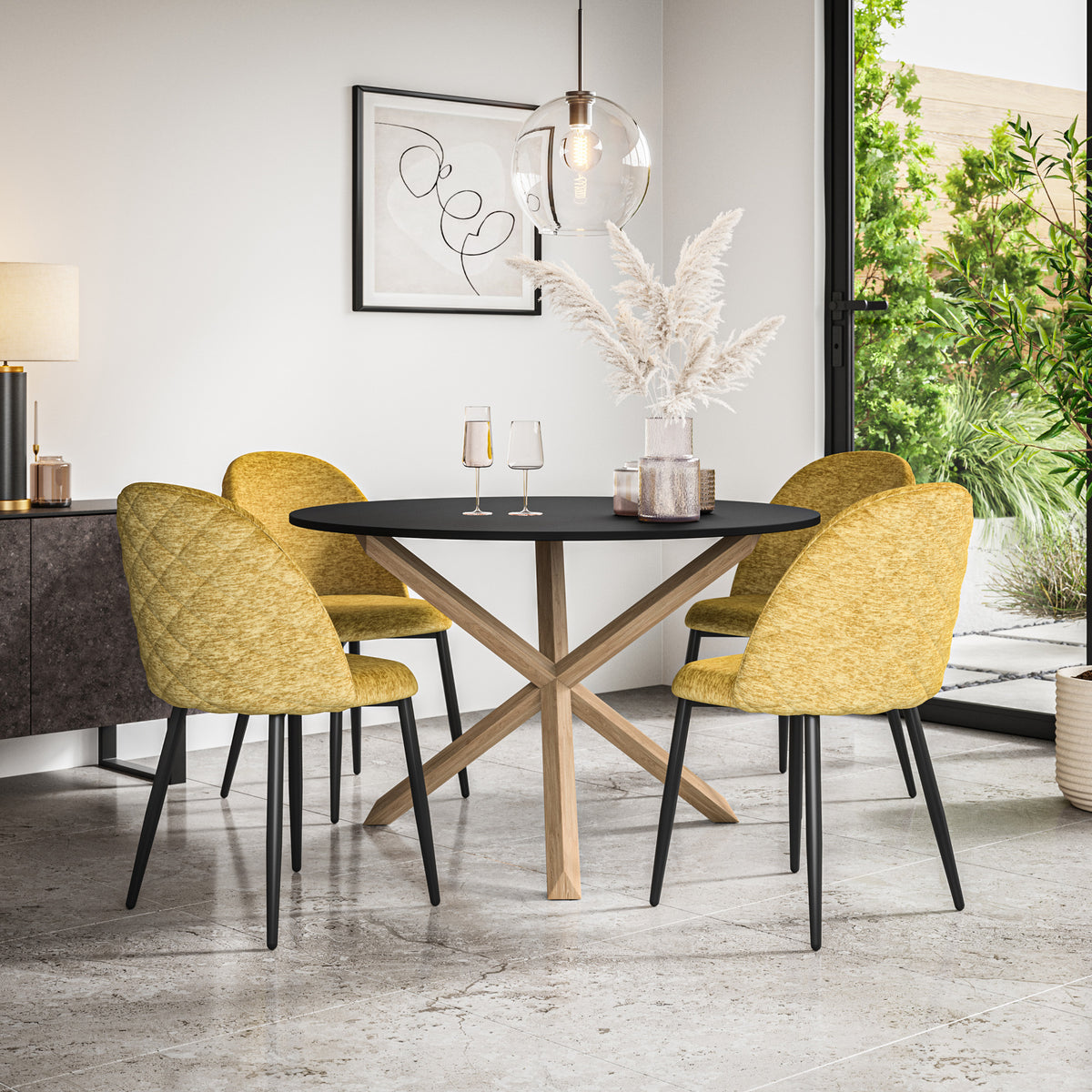 Malvern Black Top W Oak Leg Round Dining Table & Raye Velvet Chair