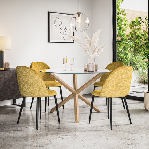 Malvern Glass Top with Oak Leg Round Dining Table & Raye Velvet Chair