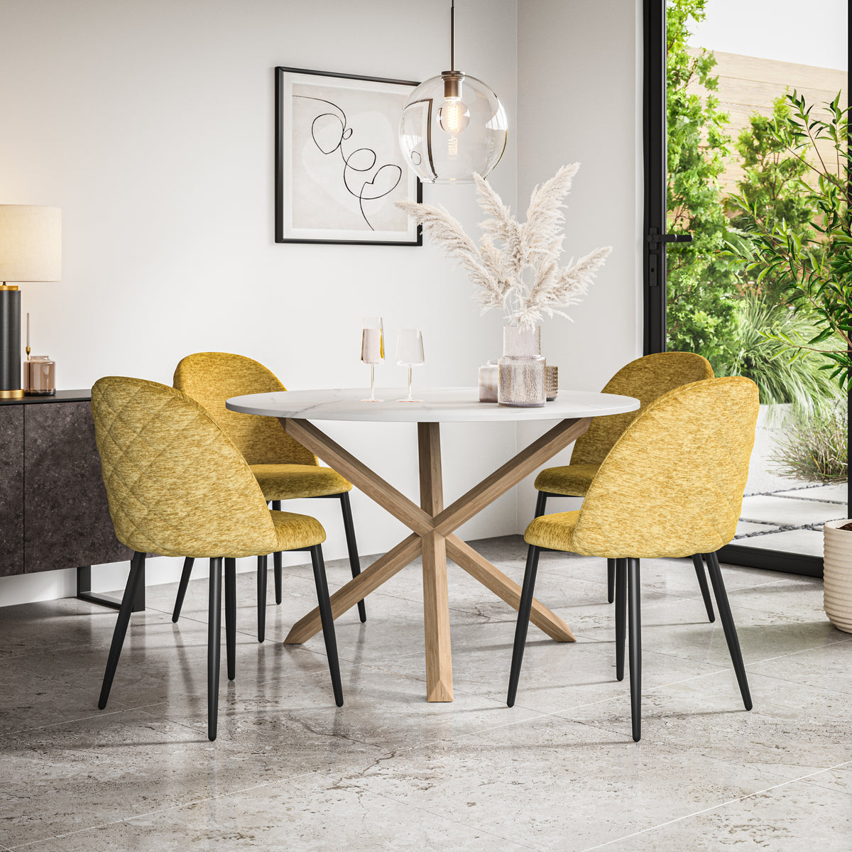 Malvern Marble Effect Top W Oak Leg Round Table & Raye Velvet Chair