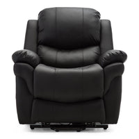 Black leather recliner chair with cushioned backrest, armrests, and seat. The chair has visible vertical seams running down the middle of the backrest and seat. It is displayed on a white background.