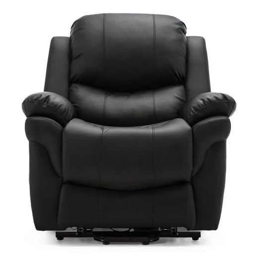 Black leather recliner chair with cushioned backrest, armrests, and seat. The chair has visible vertical seams running down the middle of the backrest and seat. It is displayed on a white background.