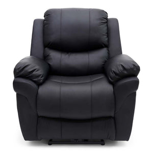A black, plush recliner chair with padded armrests and backrest on a white background. The chair has a smooth, leather-like finish and a wide seating area.