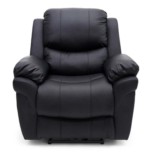 A black, plush recliner chair with padded armrests and backrest on a white background. The chair has a smooth, leather-like finish and a wide seating area.