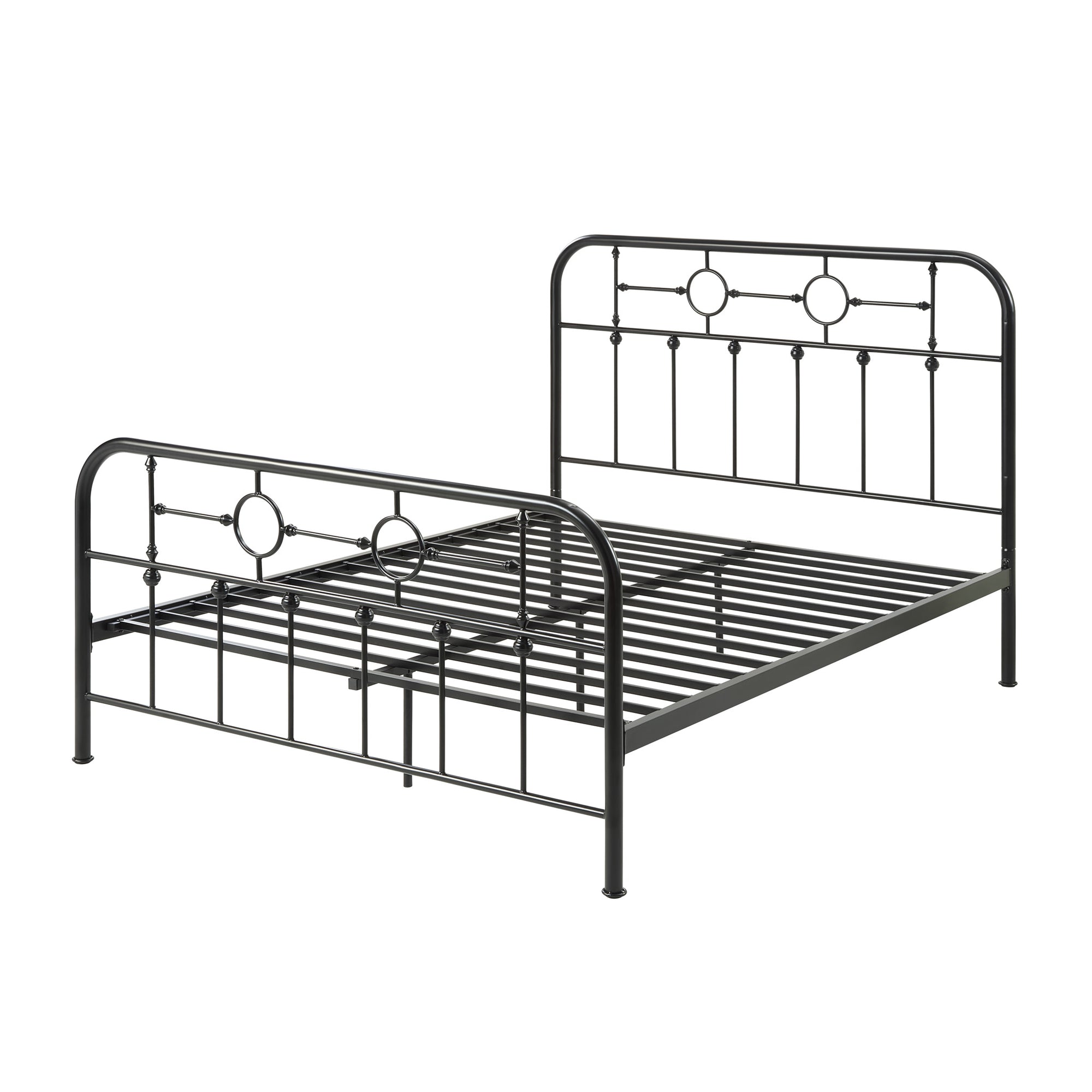 Black metal bed frame with circular designs and vertical bars on the headboard and footboard. The background is a plain white.