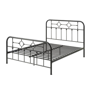 Black metal bed frame with circular designs and vertical bars on the headboard and footboard. The background is a plain white.