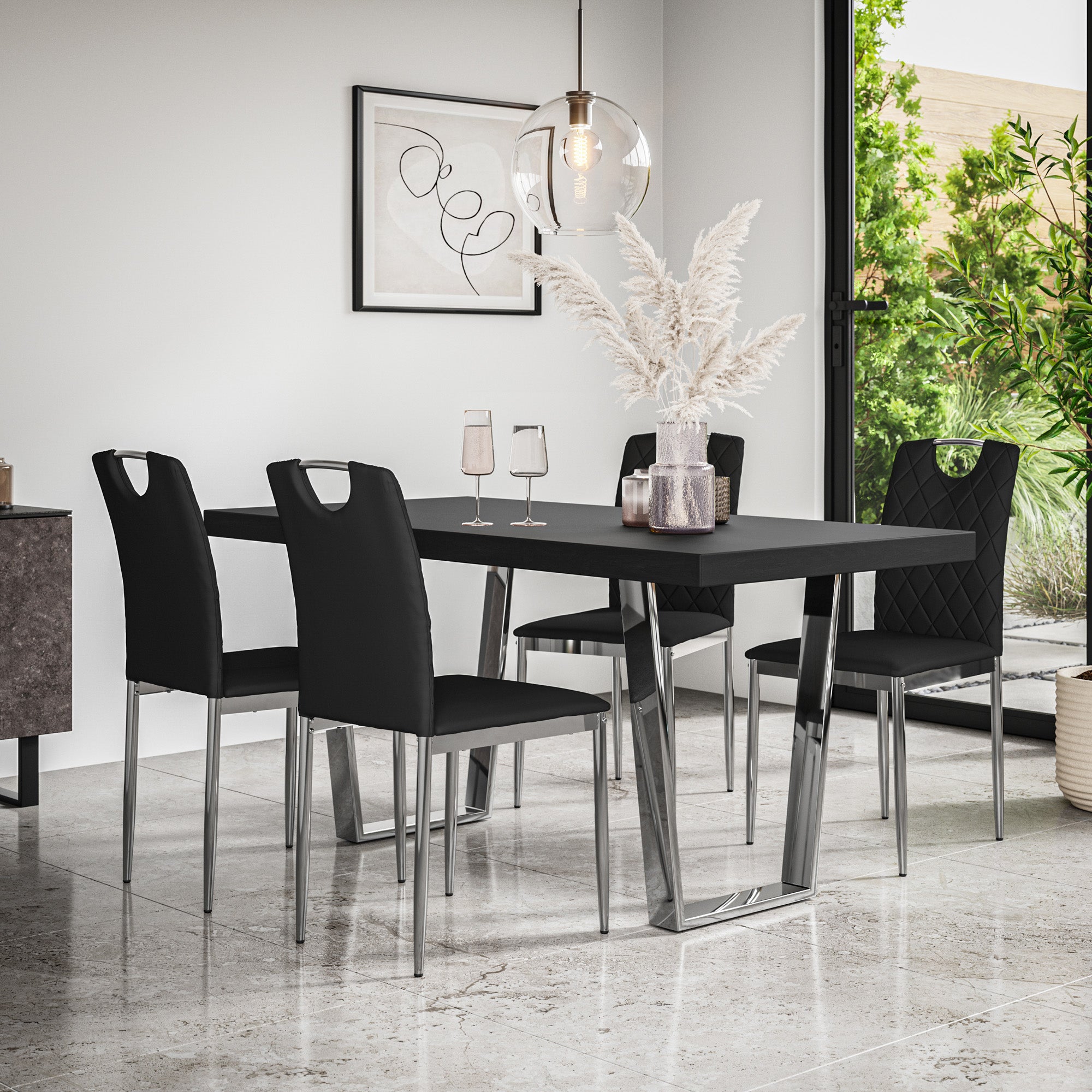 Aria Dining Table And Chairs -  Black Table Top w Chrome Legs + Monza Dining Chair w Chrome Legs Set of 4/6
