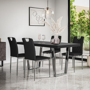 Aria Dining Table And Chairs -  Black Table Top w Chrome Legs + Monza Dining Chair w Chrome Legs Set of 4/6