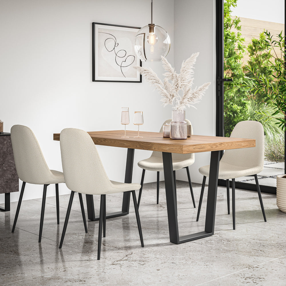 Aria Dining Table And Chairs -  Oak Effect Table Top w Black Legs + Maya Boucle Dining Chair Set of 4/6