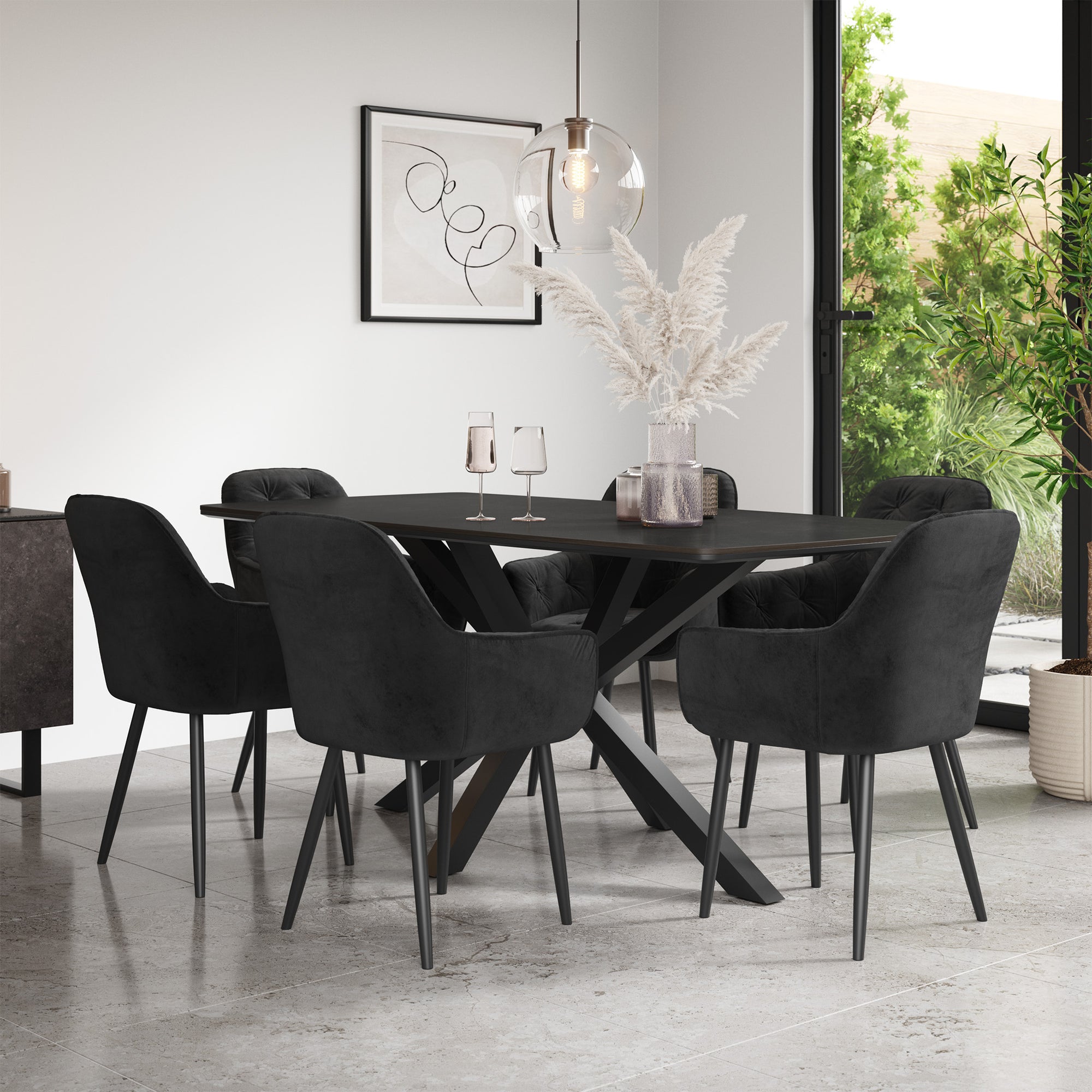 Juno Concrete Tabletop W Black Legs + Anika Velvet Dining Chair Set