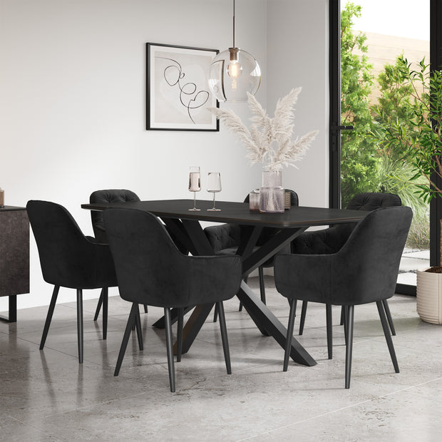 Juno Concrete Tabletop W Black Legs + Anika Velvet Dining Chair Set