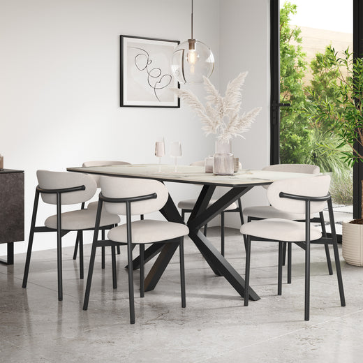 Juno Calcutta Gold Ceramic Dining Table & Myla Linen Chairs