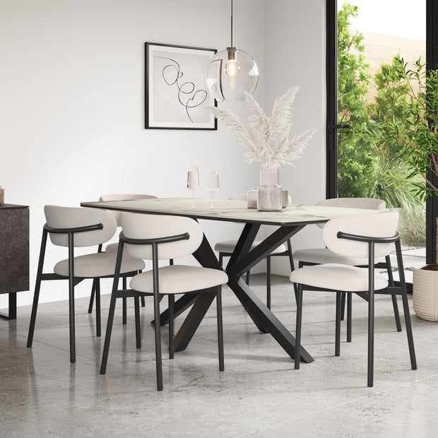 Juno Calcutta Gold Ceramic Dining Table & Myla Linen Chairs