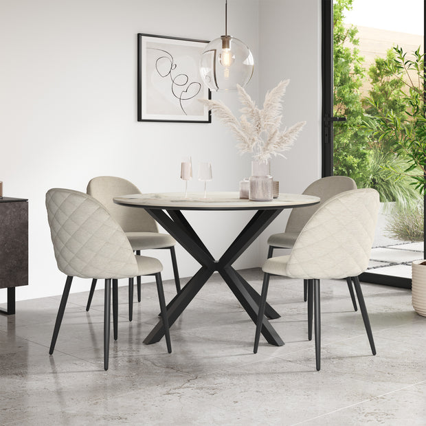 Calne Calcutta Gold Tabletop W Black Legs + Raye Velvet Dining Chair Set