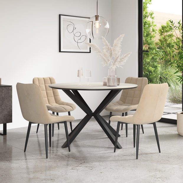 Calne White Marble Tabletop W Black Legs + Nova Velvet Dining Chair Set