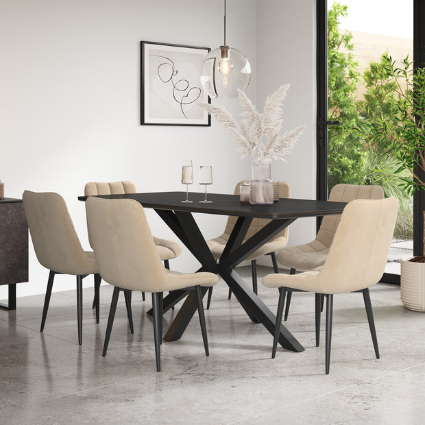 Juno Concrete Tabletop W Black Legs + Nova Velvet Dining Chair Set