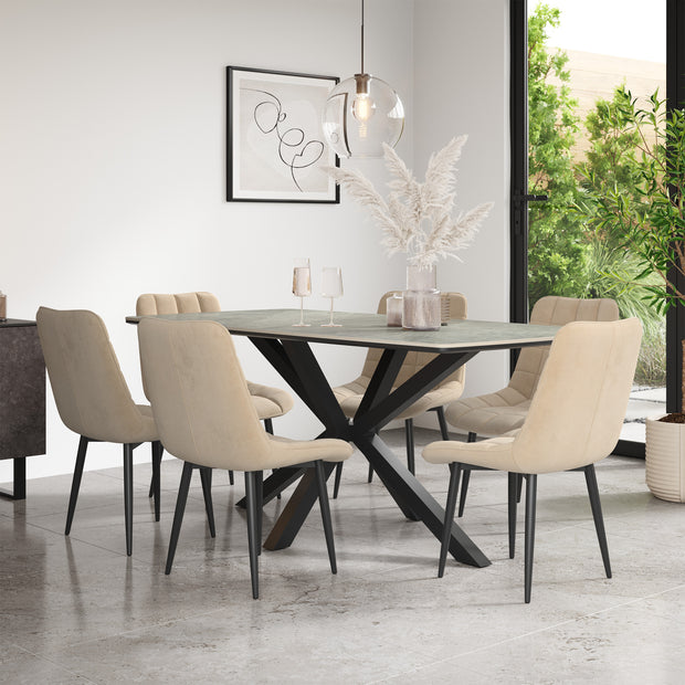 Juno Light Grey Tabletop W Black Legs + Nova Velvet Dining Chair Set