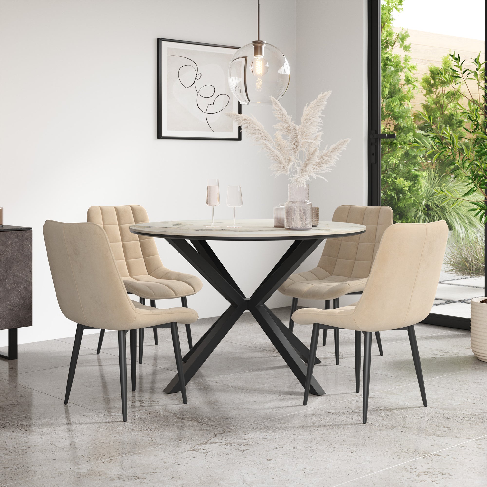 Calne Calcutta Gold Tabletop W Black Legs + Nova Velvet Dining Chair Set