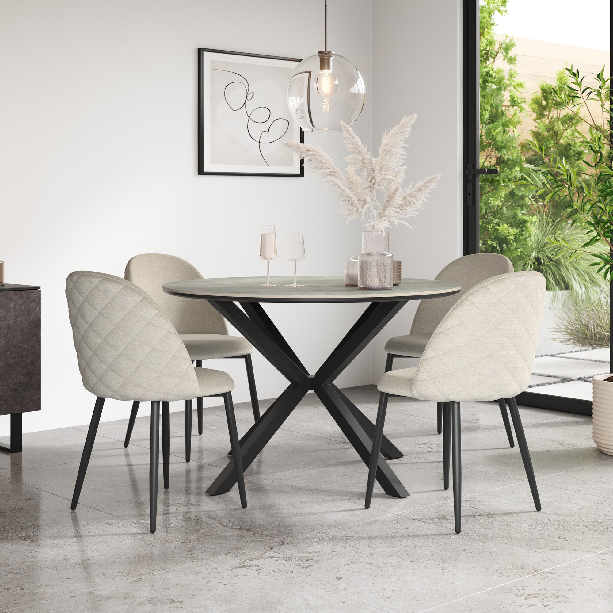 Calne Light Grey Tabletop W Black Legs + Raye Velvet Dining Chair Set