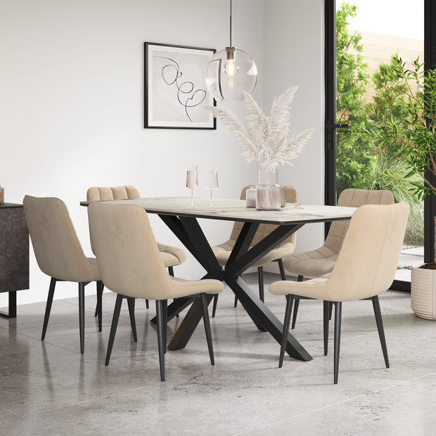 Juno Calcutta Gold Tabletop W Black Legs + Nova Velvet Dining Chair Set